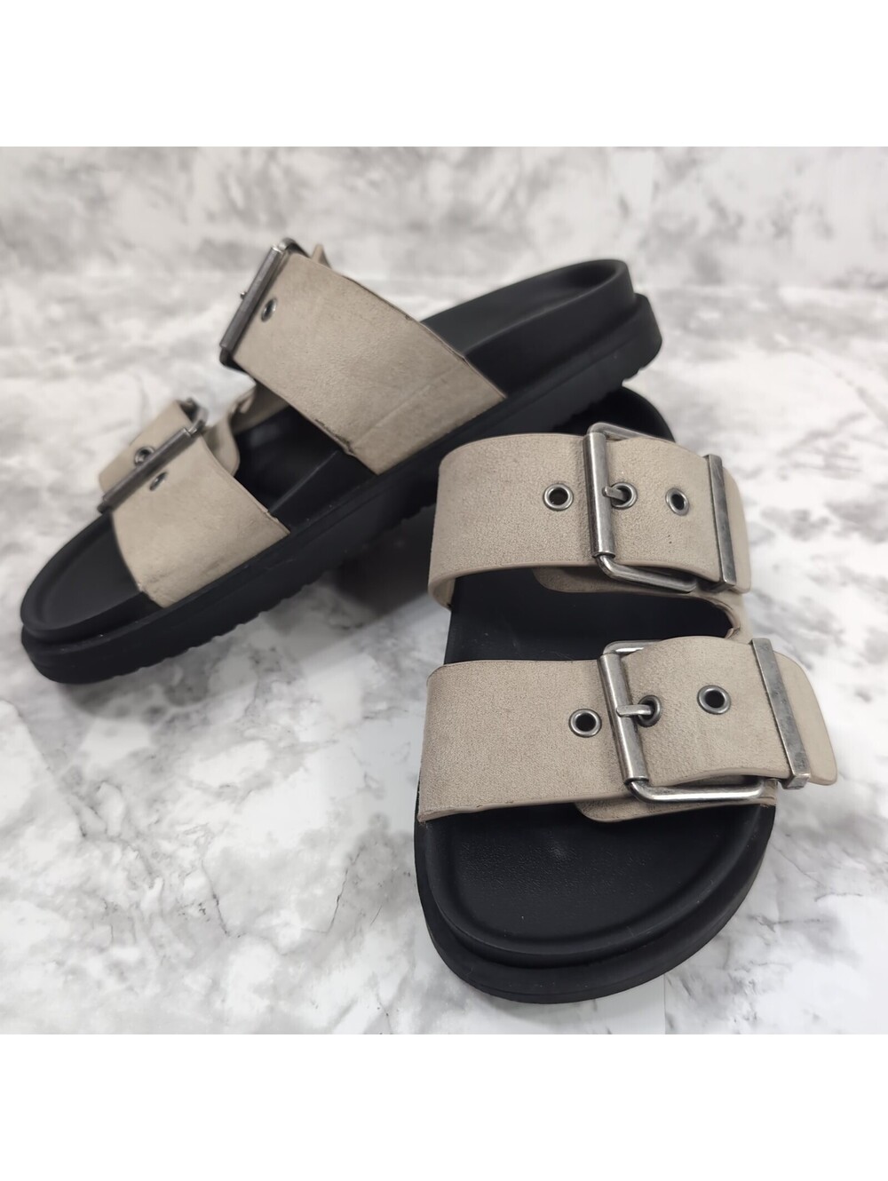 Madden NYC Womens Size 7 Two Strap Footbed Sandals Taupe Double Buckle Slide
